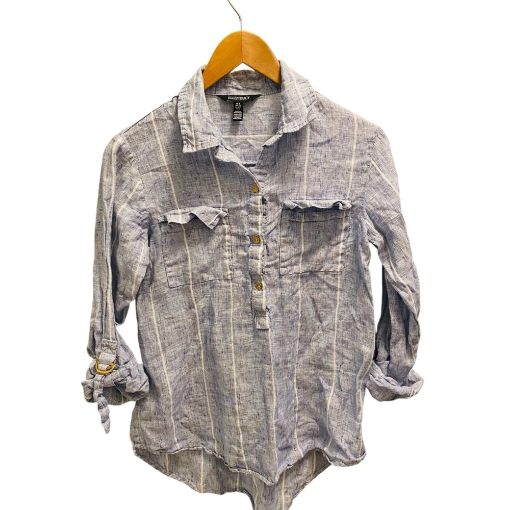 Ellen Tracy 100% Linen Gauzy Shirt Sz Small Popover Blue Stripe Roll Tab Sleeves - Picture 1 of 6